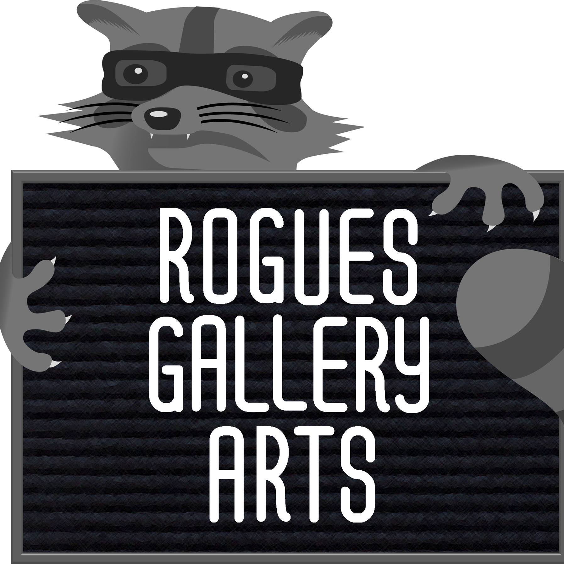 Rogues Gallery Arts logo- a racoon in a mask holding a board with the company name on it
